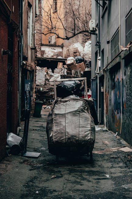 A narrow urban alleyway cluttered with accumulated waste and debris, featuring a large black bag in the foreground, which appears to be made of heavy plastic material and is slightly bulging with contents, possibly household or construction waste. Behind the bag, there are additional bags and scattered rubbish on the uneven, dark asphalt surface, some of which include items such as a white plastic container and loose debris. The alley is flanked by graffiti-covered walls on the right, painted in shades of blue and with metal bars on windows, and on the left by aged brick and wooden structures with peeling paint. In the background, a pile of mixed waste, including cardboard boxes and plastic bags, is stacked and partially obscured by the surrounding environment, with leafless tree branches visible above, suggesting an outdoor setting. The scene is lit with natural soft daylight, indicating an overcast sky, and overall it conveys an impression of an area needing clearing or waste collection, consistent with private rubbish removal services like those provided by Waste Collection Lewisham.